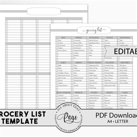 Editable Grocery List Template Shopping List Printable Etsy