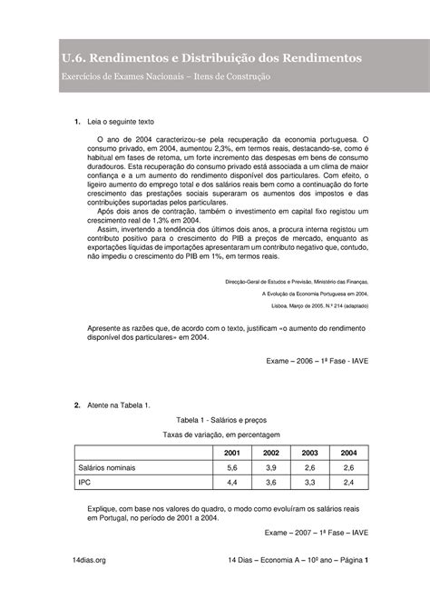 14 Dias U6 Itens De Construcao Exercicios De Exame U Rendimentos E Distribuição Dos