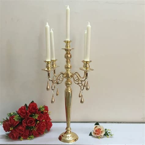 5 Heads Gold Candelabra Candle Holder With Pendant Table Wedding