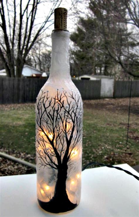 Wine Bottle Light Night Light Hand Painted Wine Bottle Black Tree Sparkles Etsy Painted