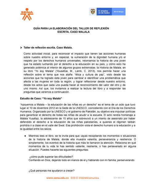 Caso Malala Gu A Para La Elaboraci N Del Taller De Reflexi N Escrita