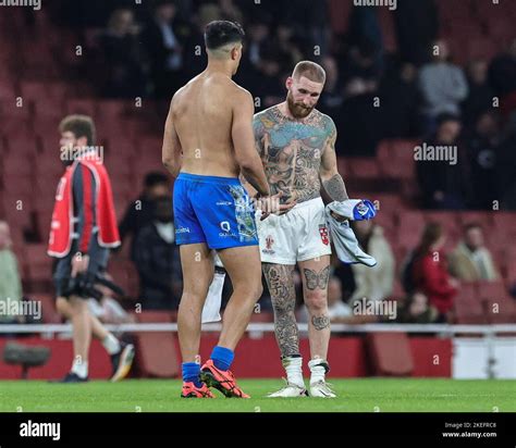 Sam Tomkins Of England And Joseph Suaalii Of Samoa Swaps Shirts During