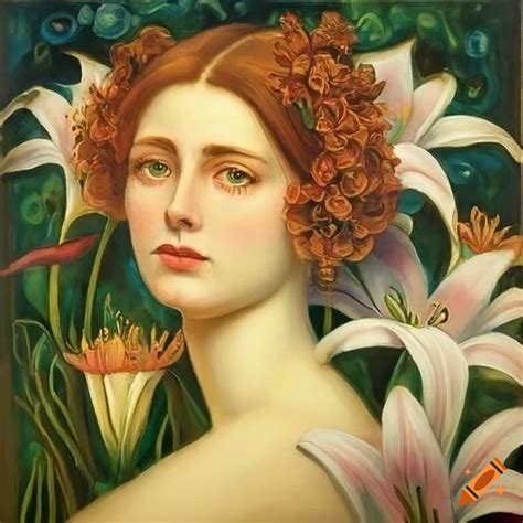 Art Noveau Painting Of A Woman With Lilies