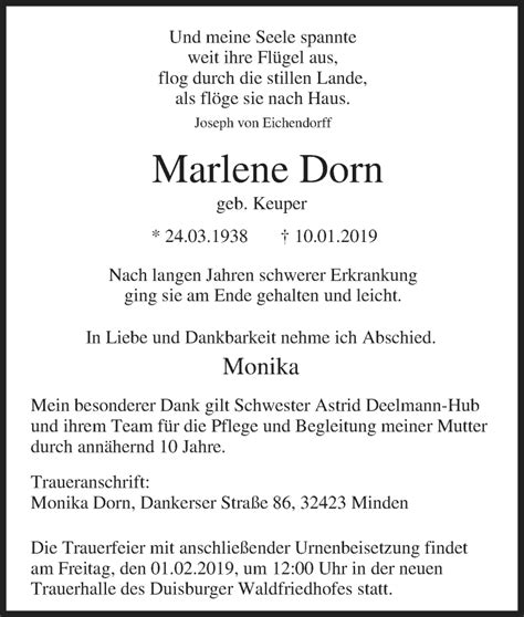 Traueranzeigen Von Marlene Dorn Trauer In Nrw De