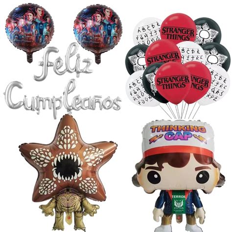 Set Globos Aluminio 12 Globos Látex Feliz Cumpleaños Stranger Things