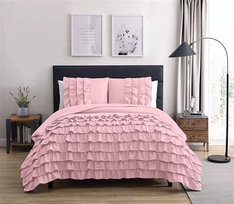 Chezmoi Collection Ella 3 Piece Waterfall Ruffle Comforter Set Queen Pink Home