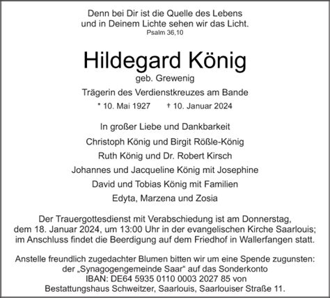 Traueranzeigen Von Hildegard K Nig Saarbruecker Zeitung Trauer De