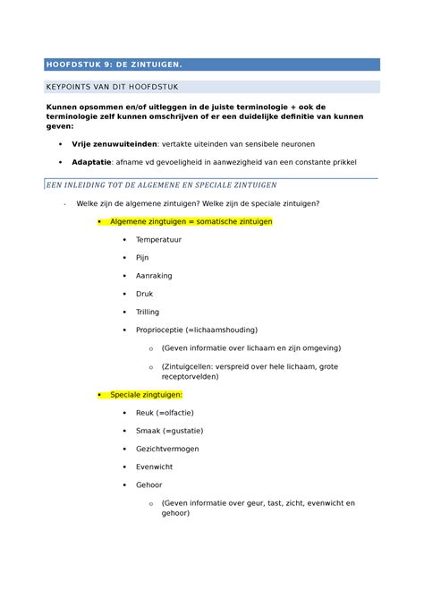 Af Key Points De Algemene En Speciale Zintuigen Hoofdstuk