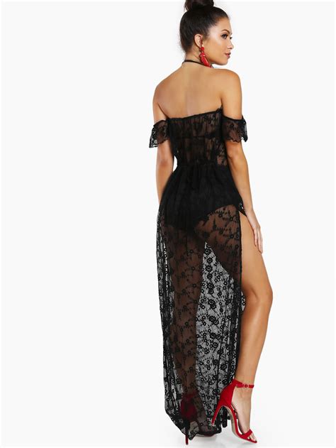 Side Slit Sheer Embroidered Mesh Dress Sheinsheinside