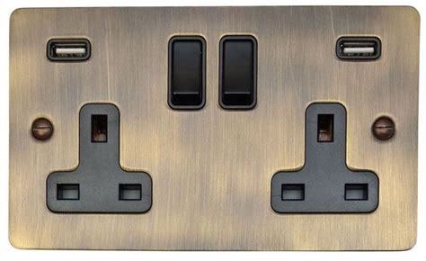 Gandh Fab910b Flat Plate Antique Brass 2 Gang Double 13a Switched Plug Socket 2 1a Usb Thing 1