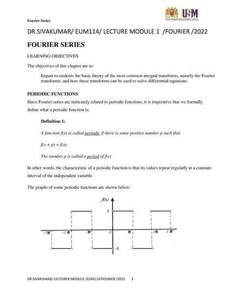 Module 1 Fourier Series D01m04y2022 Dr Eum114 Lecture Module 1