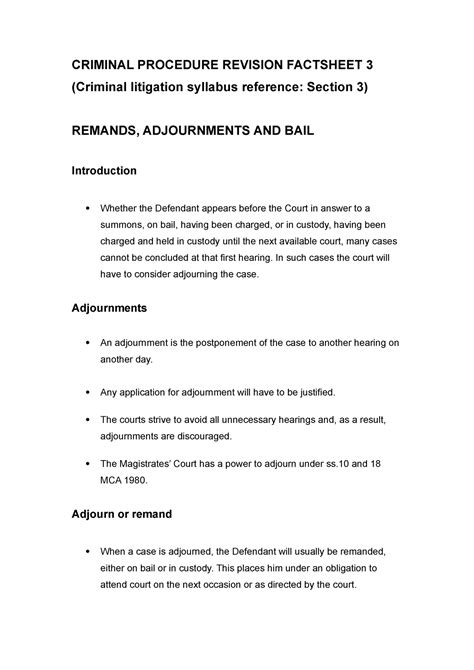 Factsheet 3 Bail And Remands CRIMINAL PROCEDURE REVISION FACTSHEET