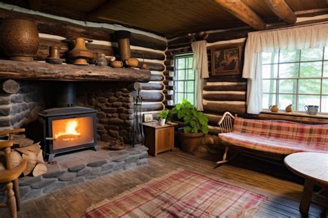 Premium AI Image | Onestoried log cabin with a cozylooking fireplace inside