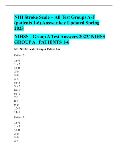 Nih Stroke Scale All Test Groups A F Patients Answer Key