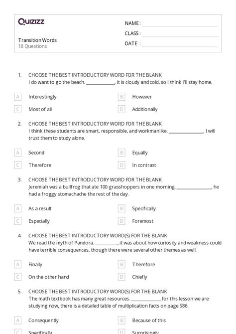 Transition Words Worksheets On Quizizz Free Printable