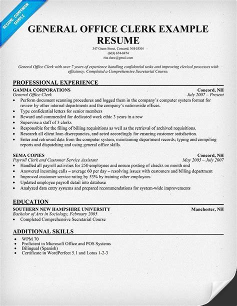 Perfekt Office Clerk Resume Sample Postal Clerk Job Description For