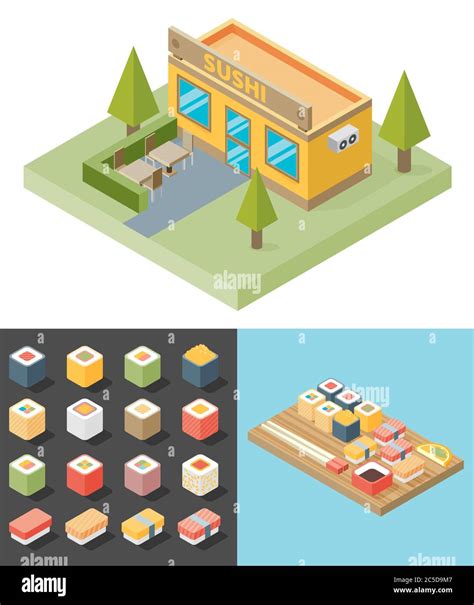 Vector Isometric Sushi Restaurant Cafe Building Icon Icons Sushi Tray