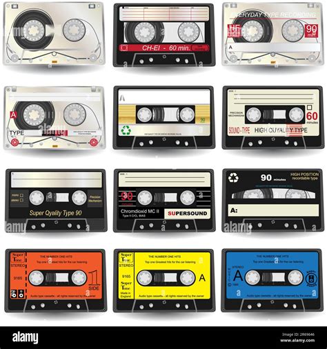 Vector Illustration Of Nine Different Colored Cassette Tapes Isolated On White Background Stock