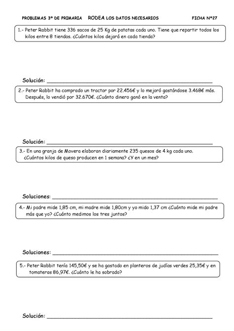 Ficha Semanal Tercero De Primaria Ejercicios De Matemáticas Docsity