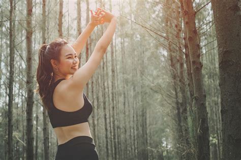 Asian Women Fitness Woman Runner Stretching Legshappy Enjoying Freedom