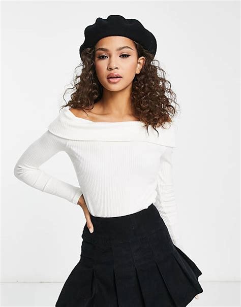 Stradivarius Off Shoulder Ribbed Top In Ecru Asos