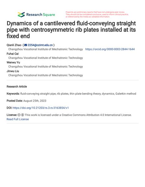 Pdf Dynamics Of A Cantilevered Fluid Conveying Straight Pipe With