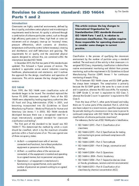 (PDF) Revision to cleanroom standard: ISO 14644 Parts 1 and 2