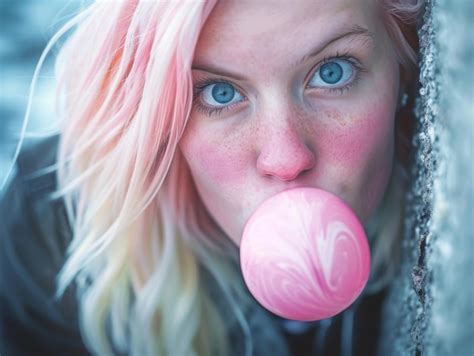 Beautiful Girl Blows A Big Bubble From Chewing Gum Detailed Face With