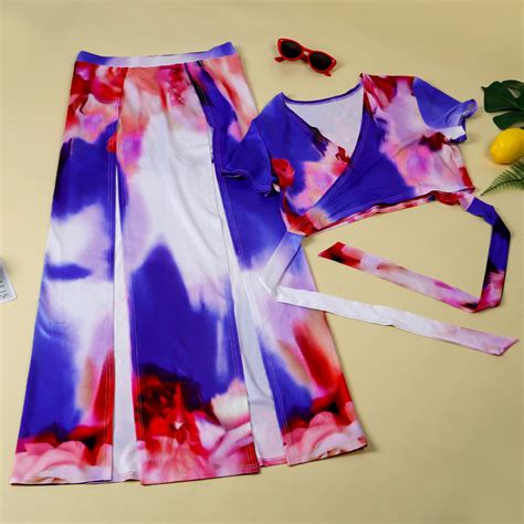 Sexy Tie Dye Wrap Crop Top Slit Two Pieces Set Us 9 92 Lover