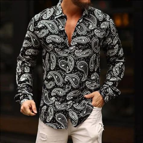 Herren Hemd Boho Shirt Grafik Shirt Paisley Muster Umlegekragen Schwarz