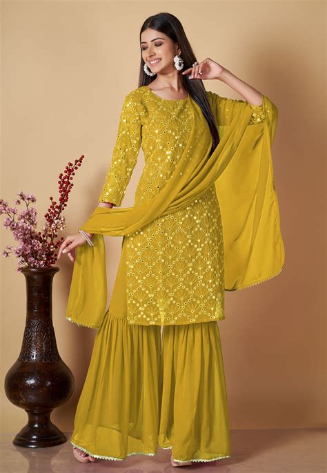 Mustard Georgette Readymade Sharara Suit