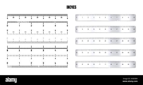 Realistic Metal Rulers With Black Inch Scale For Measuring Length Or