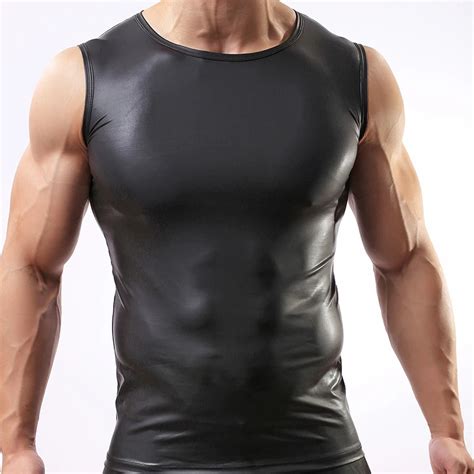 Fashion 2017 Man Sexy Black Faux Leather Bodybuliding Tank Tops Gay Male Fitness Sleeveless