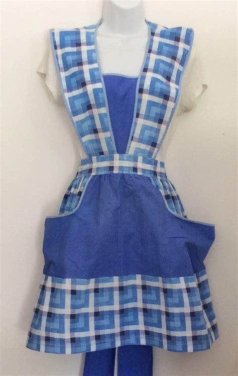 Vintage Full Apron Blue Checks Bib Apron With Pockets Retro Etsy