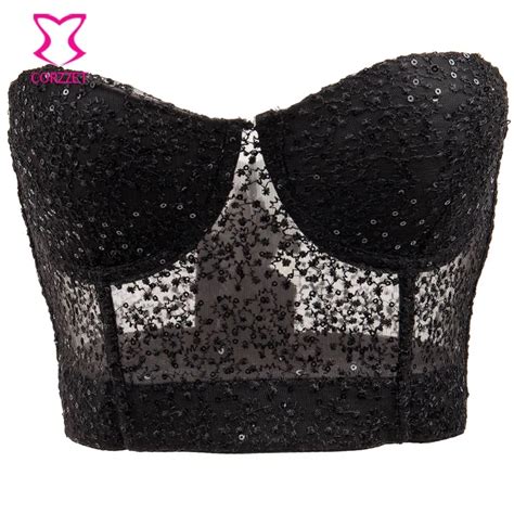 Corzzet Black Lace Sequind Mesh Push Up Bralet Women S Corset Bustier