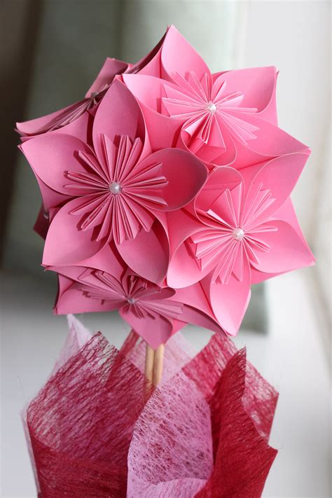 Pink Origami Paper Flower Arrangement 1st Paper Or 4th Flower Wedding Anniversary T Birthday