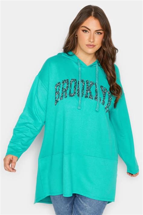 Yours Plus Size Curve Turquoise Green Brooklyn Slogan Longline Hoodie