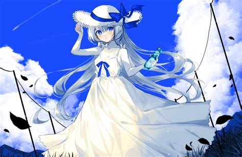 Blue Eyes Bow Clouds Dress Drink Grass Gray Hair Hat Long Hair Miyakoto