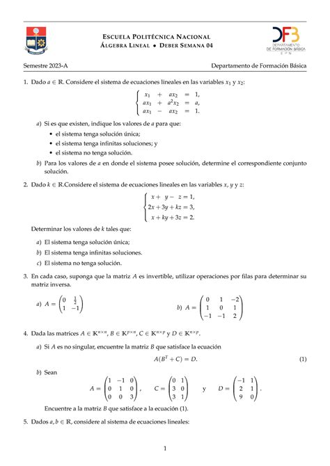 Algebra Ejercicios A Escuela Polit Cnica Nacional Lgebra Lineal