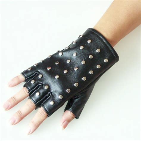 Fashion Womens Hip Hop Punk Half Finger Pu Leather Gloves Tactical Fingerless Rivet Gloves Black