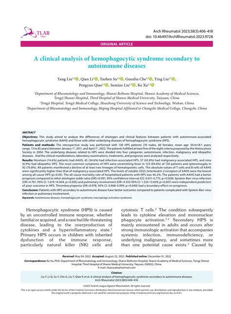 PDF A Clinical Analysis Of Hemophagocytic Syndrome Secondary To