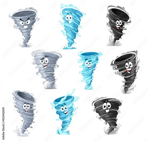 Cartoon tornado mascots, vector storm whirlwind or twister cyclone ...