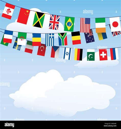 Flags Of The World Bunting On Cloud Background With Space For Your Text