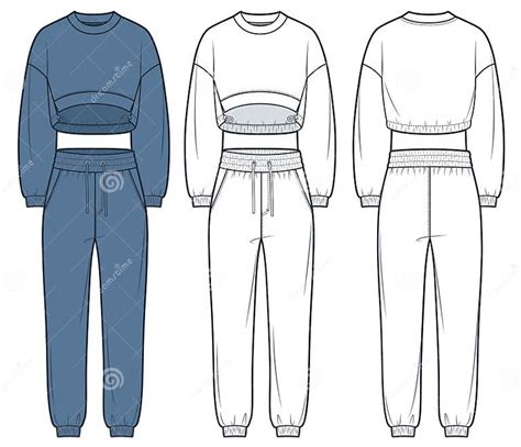 Set Of Cropped Sweatshirt Jogger Pants Fashion Flat Technical Drawing Template Stock Vector