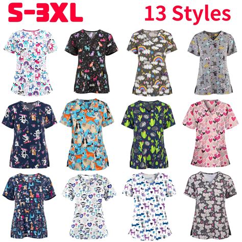 Pet Club Work Uniforms Women Pet Dogs Printing Scrubs Tops Veterinaria