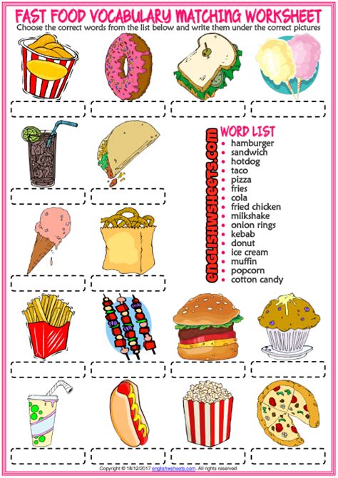 Fast Food Esl Vocabulary Matching Exercise Worksheet