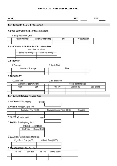 Deped Pft Score Card Physical Fitness Test Score Card Name Sex Age Part 1 Health Related