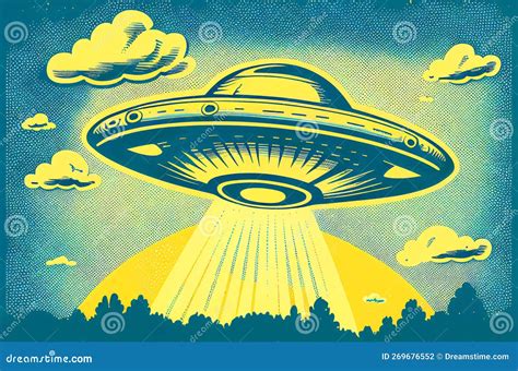 Extraterrestrial Ufo Flying Saucer Dynamic View Colorful Illustration