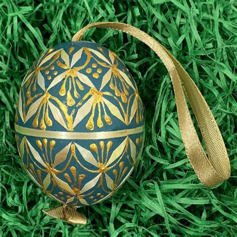 Teal Folkloric Straw Design Eastern European Egg Ornament ~ Handmade In Slovakia