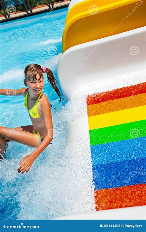 Child In Bikini Sliding Water Park Stock Image Image Of Aqua